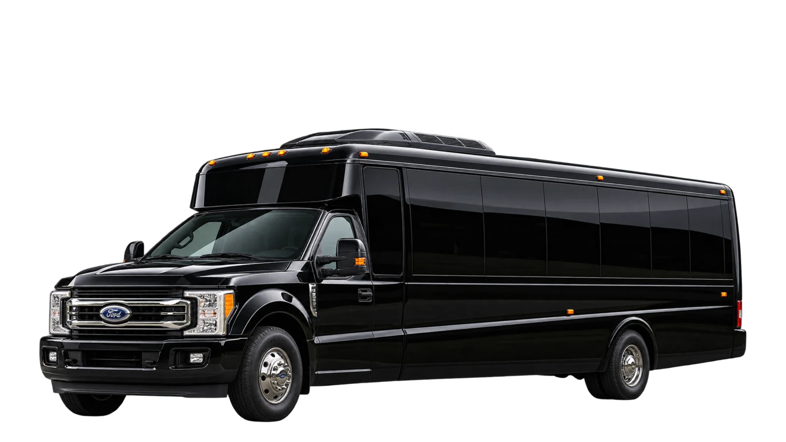 Black Party Bus, front three-quarter view